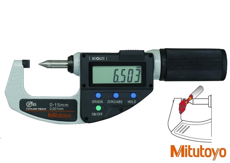 Digitální třmenový mikrometr Mitutoyo 0-15 mm na měření výšky zřasení, výstup dat