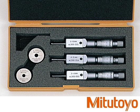 Sada 3 ks přesné dvoudotykové dutinoměry Mitutoyo 3-6 mm+nastavovací kroužky 4 a 5 mm