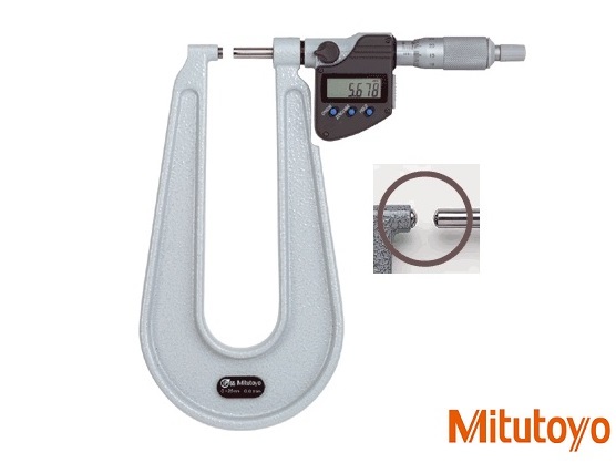Digitální mikrometr Mitutoyo 25-50 mm s hlubokým třmenem 160 mm a vypouklými měř. doteky
