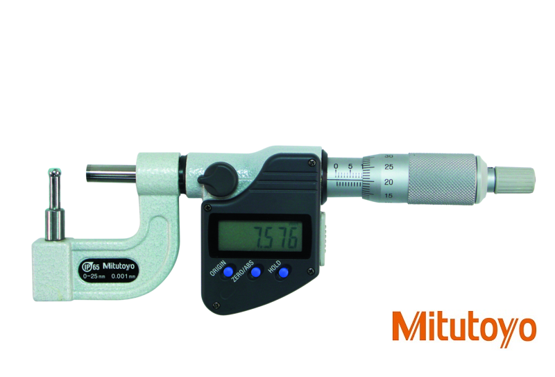 Digitální mikrometr Mitutoyo 0-25 mm na měření klenutých ploch a síly trubek, kroužků