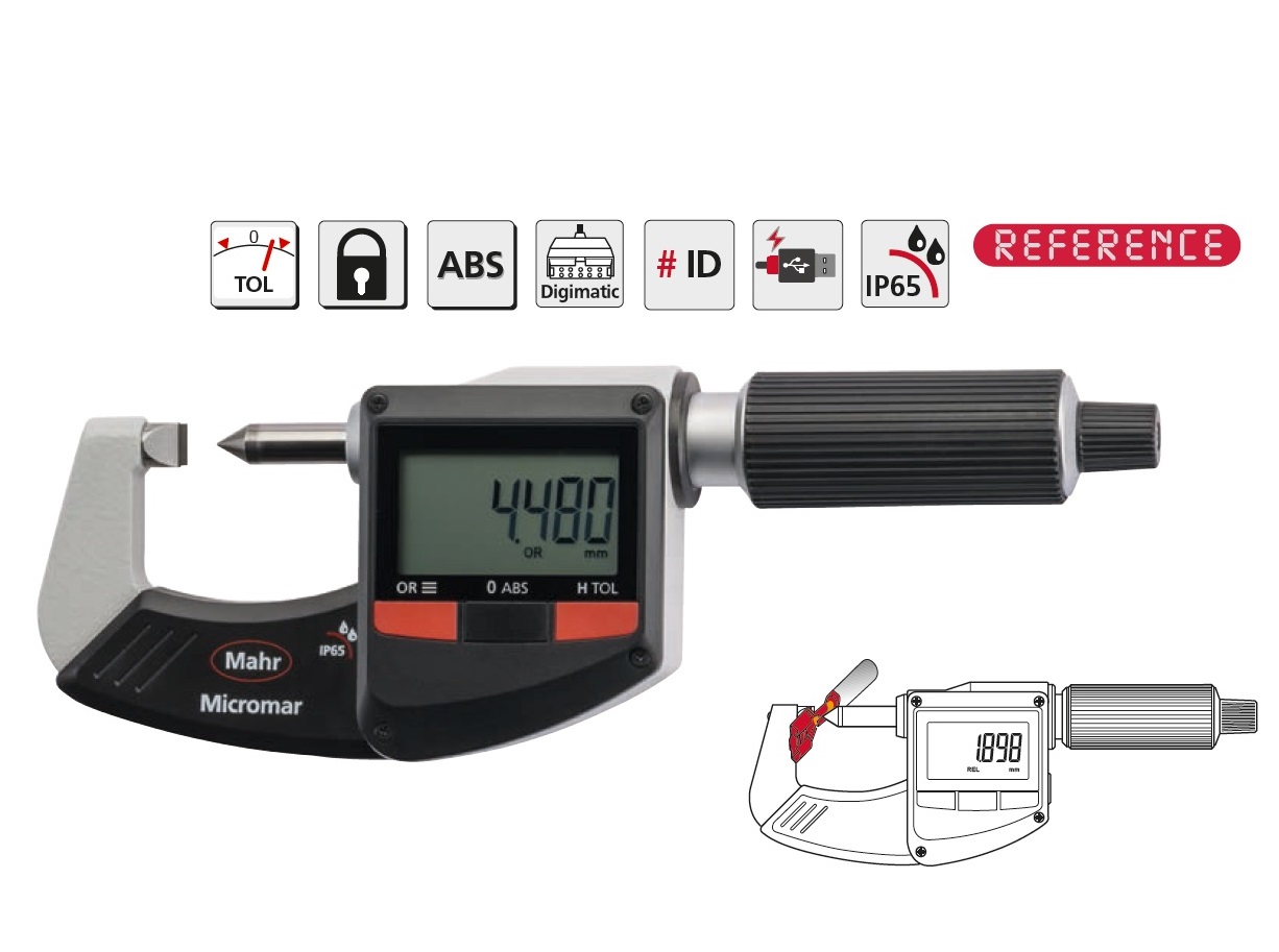 Digitální třmenový mikrometr 0-25 mm na měření výšky zřasení, typ 40 EWR-K, IP65