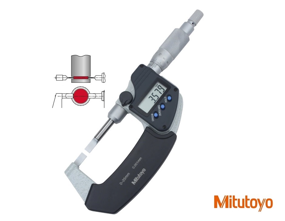 Digitální mikrometr Mitutoyo 0-25 mm na měření drážek, doteky A: 0,75 mm kalená ocel