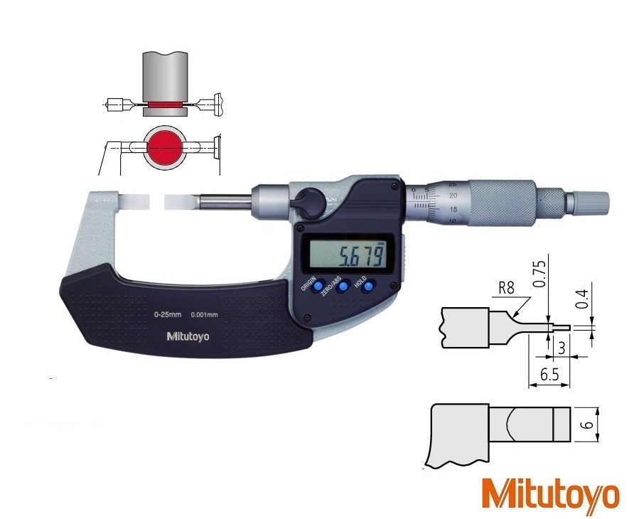 Digitální mikrometr Mitutoyo 0-25mm na měření drážek, doteky B: 0,4 mm kalená ocel