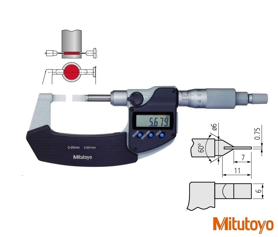 Digitální mikrometr Mitutoyo 0-25 mm na měření drážek, doteky C: 0,75 mm tvrdokov