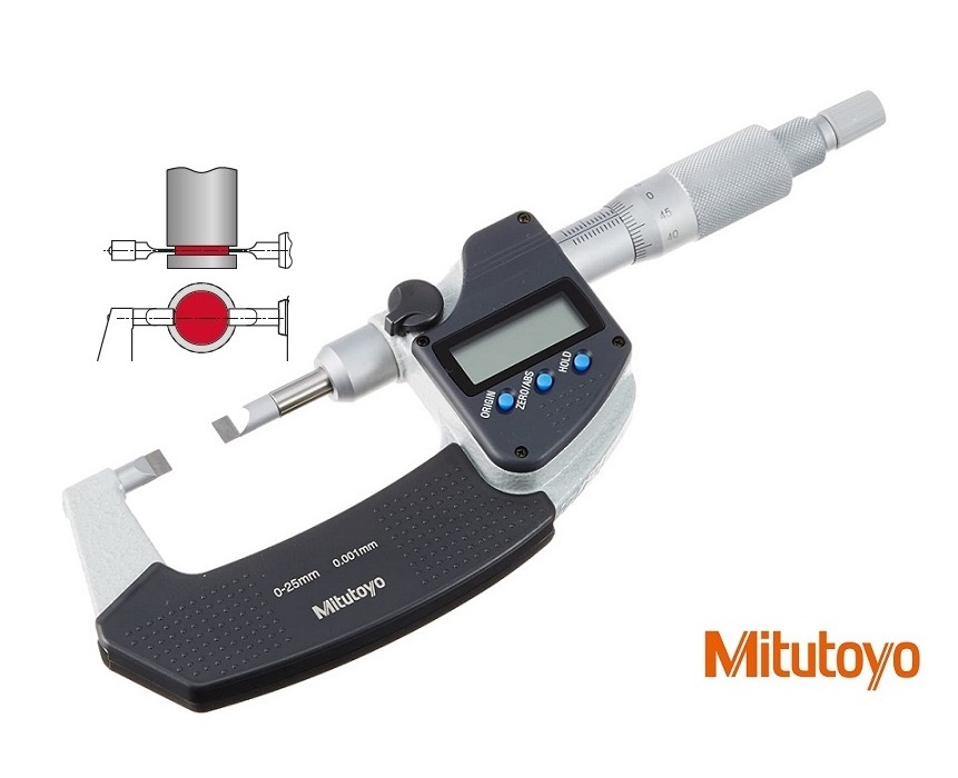 Digitální mikrometr Mitutoyo 0-25mm na měření drážek, doteky D: 0,4 mm tvrdokov