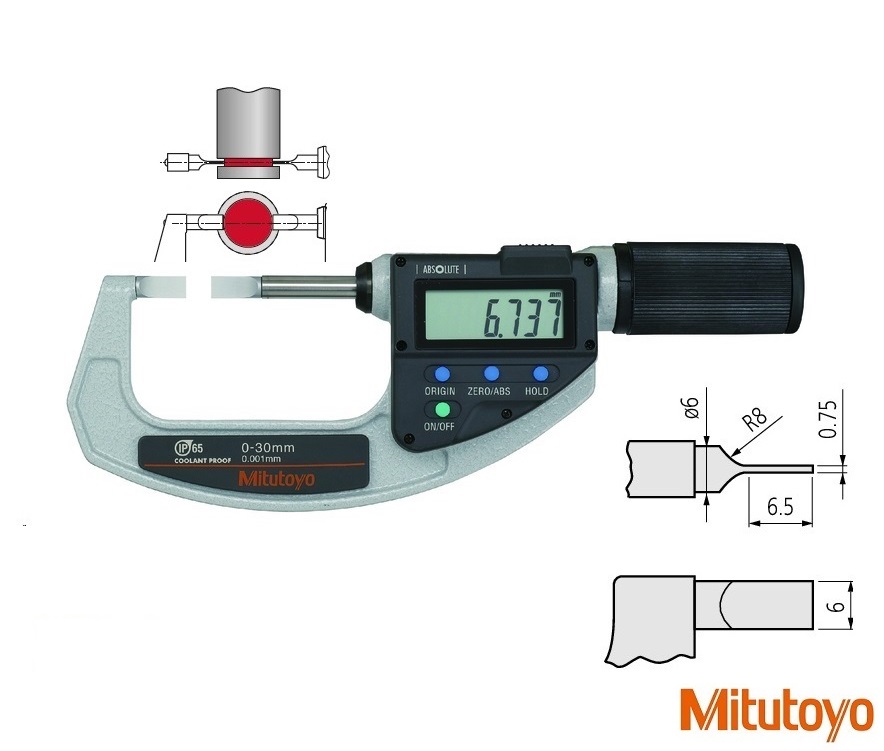 Digitální třmenový mikrometr Mitutoyo 0-30 mm na měření drážek, IP54, výstup dat