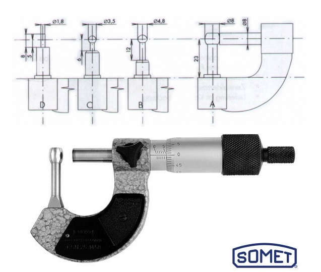 Mikrometr Somet typ C na měření tloušťky stěn trubek 0-25 mm, pevný dotek průměr 3,5 mm