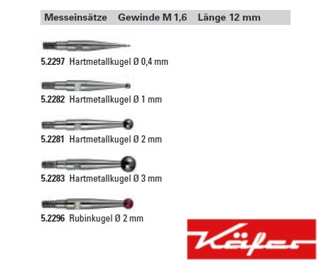 Měřicí dotek pro páčkové úchylkoměry Käfer L-12 mm, d= průměr 2 mm, rubín