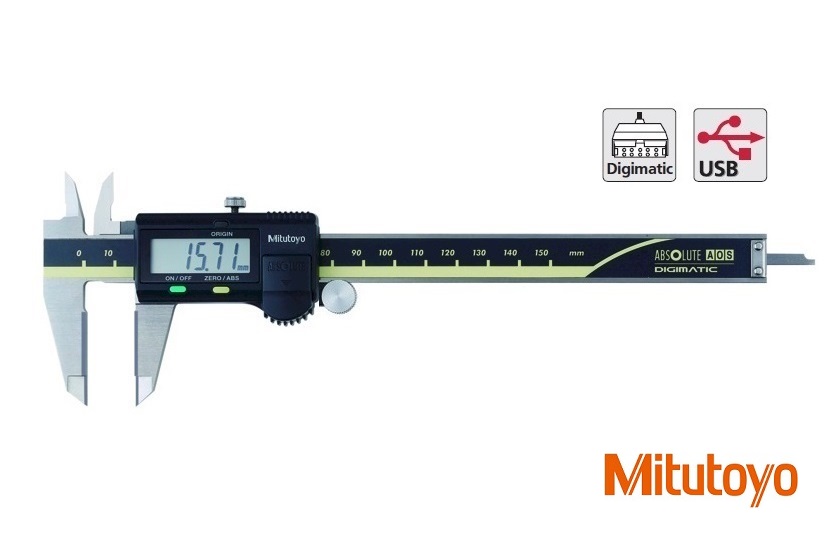 Digitální posuvné měřítko Mitutoyo 0-150 mm s měřicími čelistmi z tvrdokovu, s kolečkem