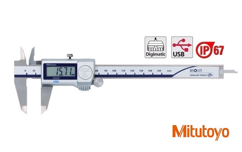 Digitální posuvné měřítko Mitutoyo 0-150 mm s výstupem dat, IP67, s posuvovým kolečkem