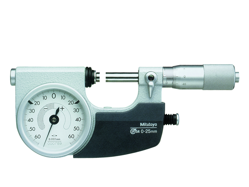 Ttřmenový mikropasametr Mitutoyo s přesným úchylkoměrem 0-25 mm, s tlačítkem vpravo
