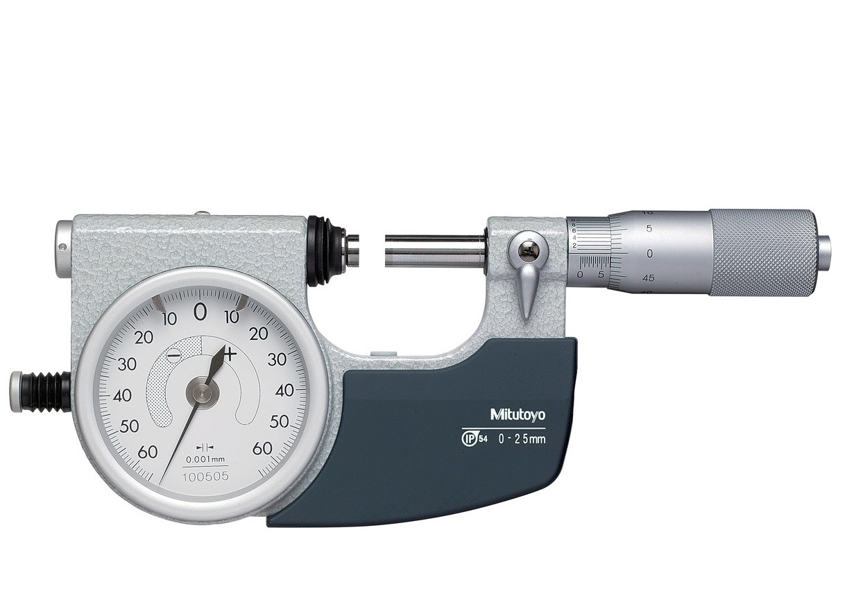 Ttřmenový mikropasametr Mitutoyo s přesným úchylkoměrem 0-25 mm, s tlačítkem vlevo