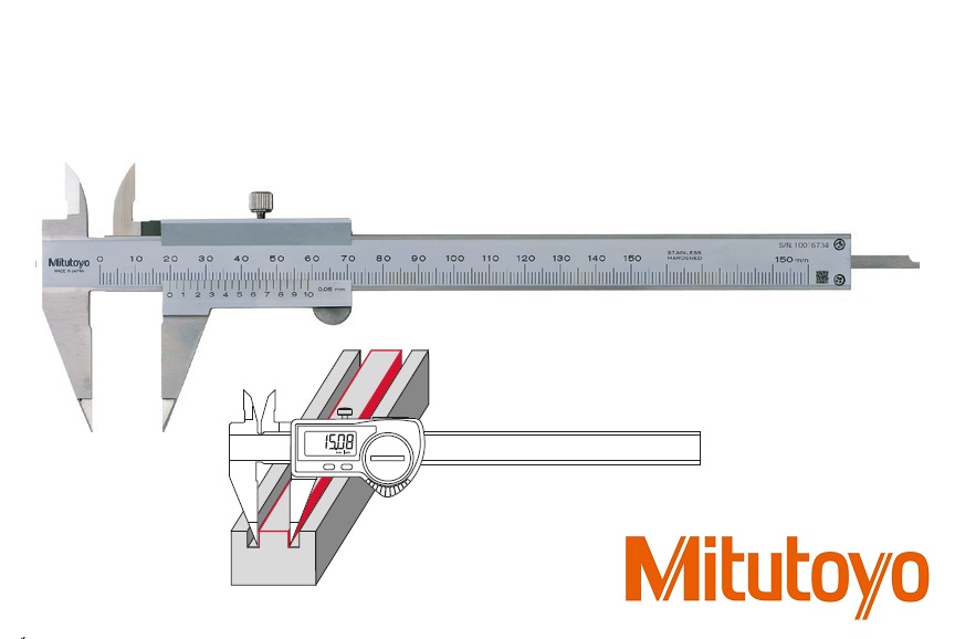 Posuvné měřítko Mitutoyo 0-150 mm, 0,05 mm, s ostrými hroty a hloubkoměrem