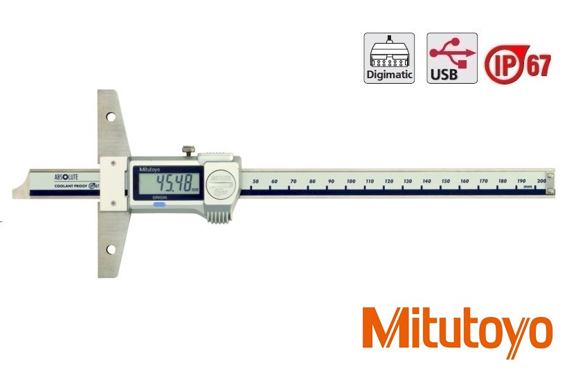 Digitální posuvný hloubkoměr Mitutoyo se skosením 0-200 mm, můstek 100 mm, IP67