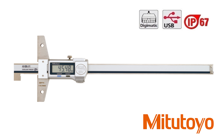 Digitální posuvný hloubkoměr Mitutoyo s nosem 0-200 mm, můstek 100 mm, IP67