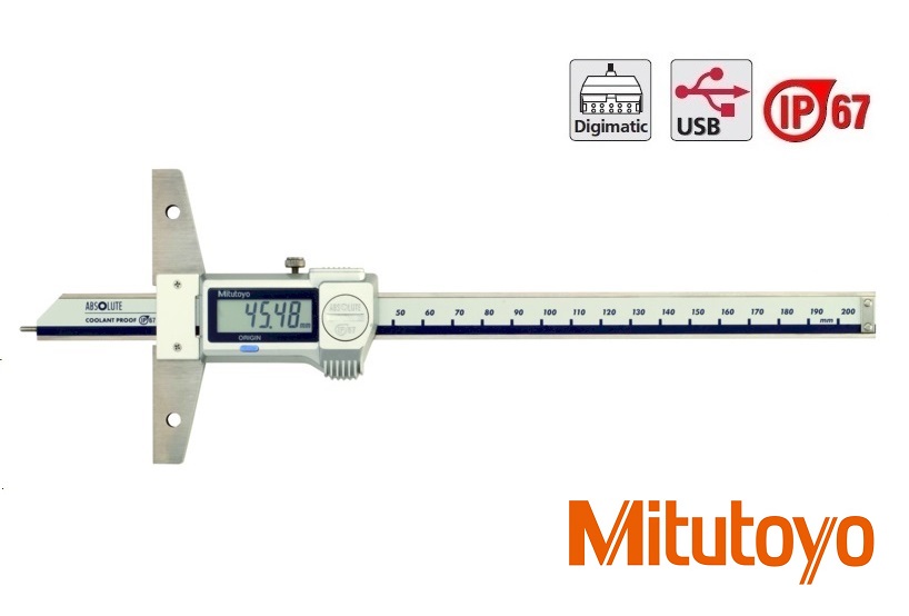 Digitální posuvný hloubkoměr Mitutoyo s jehlou 0-200 mm, můstek 100 mm, IP67
