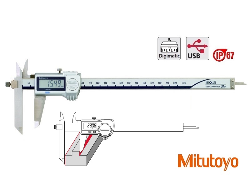 Digitální posuvné měřítko Mitutoyo 0-200 m s posuvnou měřicí čelistí a hloubkoměrem, IP67