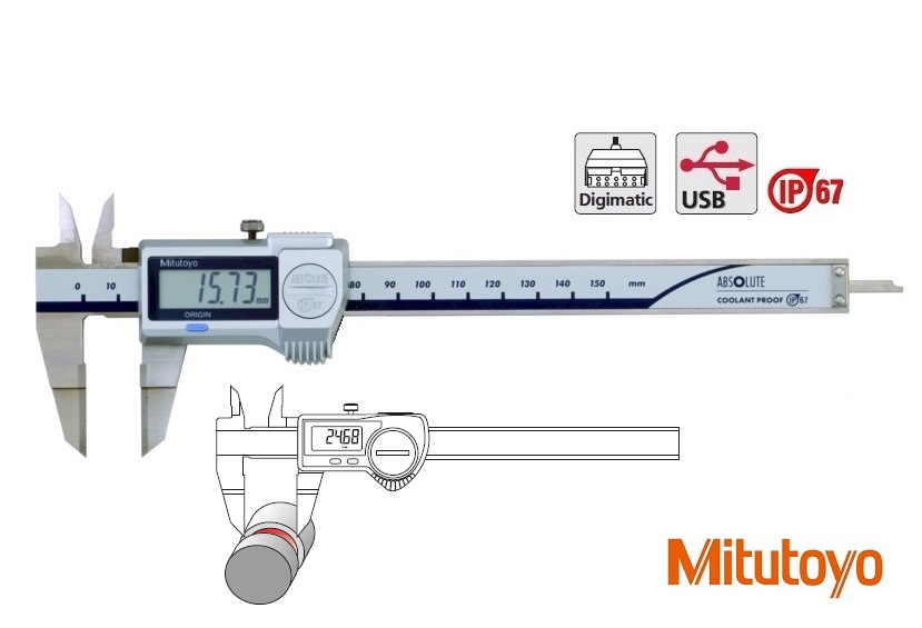 Digitální posuvné měřítko Mitutoyo 0-150 mm na hřídelové drážky, bez kolečka, IP67