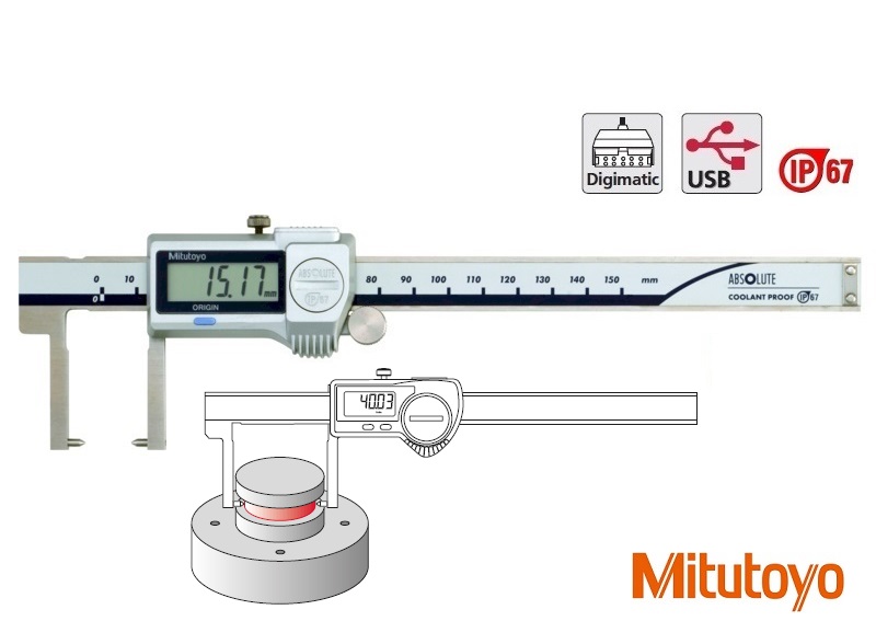 Digitální posuvné měřítko Mitutoyo 0-150 mm s špičatými hroty, s kolečkem, IP67 