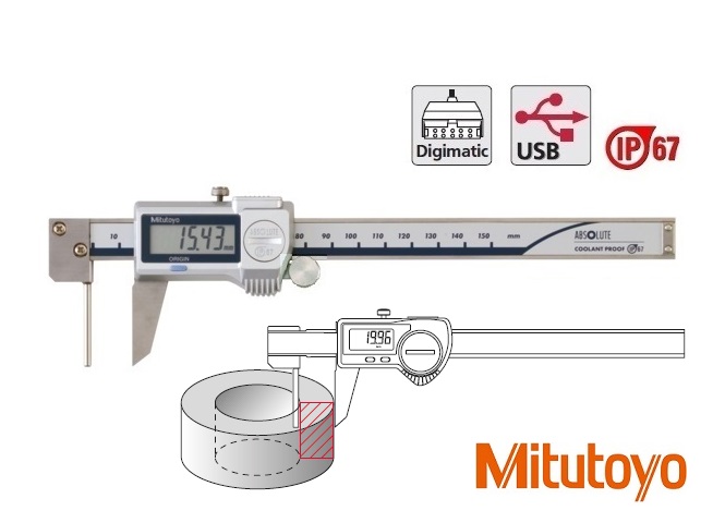 Digitální posuvné měřítko Mitutoyo 0-150 mm na měření tloušťky stěn, IP67, s pos. kolečkem