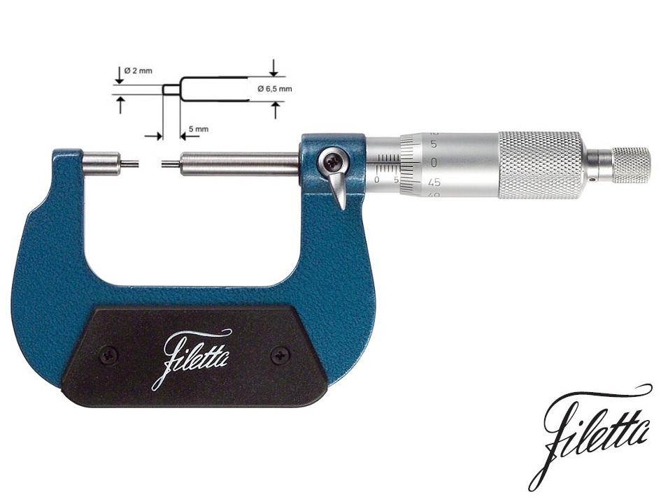 Třmenový mikrometr Filetta 150-175 mm se zúženými měřicími doteky průměr 2 mm