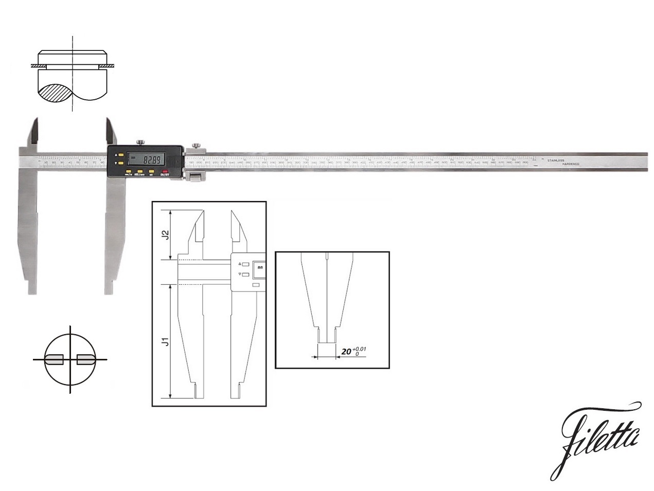 Digitální posuvné měřítko Filetta 0-1000 mm s měřicími nožíky pro vnější měření