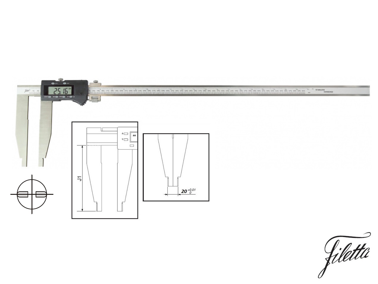Digitální posuvné měřítko Filetta 0-500 mm bez nožíků, s měřicími čelistmi 150 mm