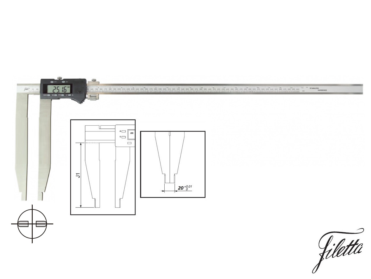 Digitální posuvné měřítko Filetta 0-500 mm bez nožíků, s měřicími čelistmi 200 mm