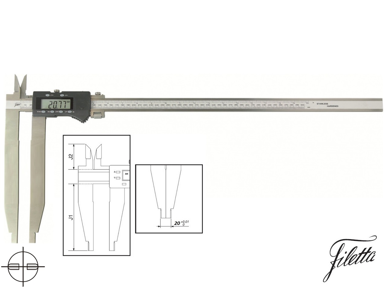 Digitální posuvné měřítko Filetta 0-500/250 mm s měřicími nožíky pro vnitřní měření