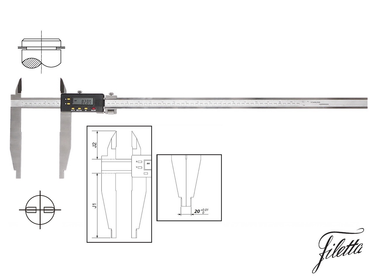 Digitální posuvné měřítko Filetta 0-1000/300 mm s měřicími nožíky pro vnější měření