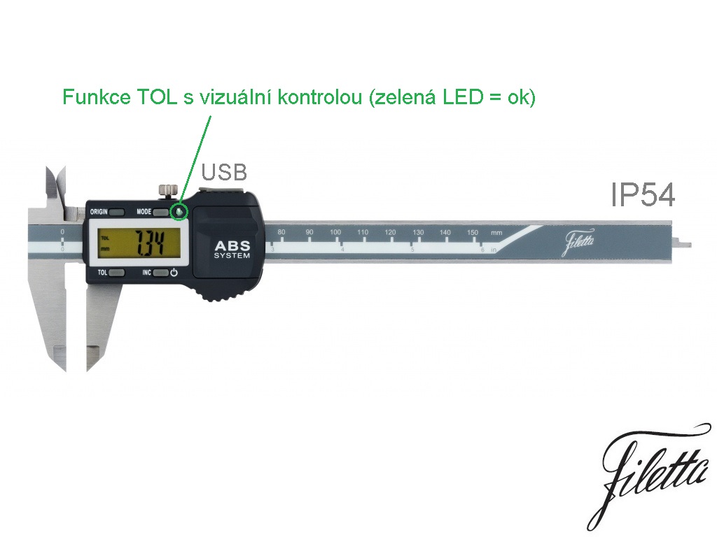 Posuvné měřítko digitální s indikací tolerančního pole Filetta 0-150 mm, ABS, IP54, USB