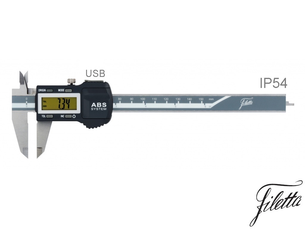 Posuvné měřítko digitální Filetta 0-200 mm, ABS, s plochým hloubkoměrem, IP54, USB