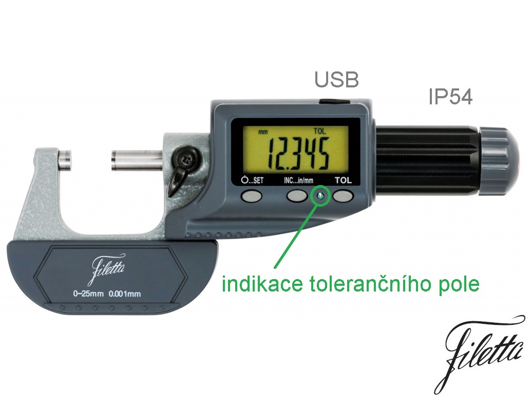 Digitální třmenový mikrometr Filetta 0-25 mm s indikací tolerance, IP54