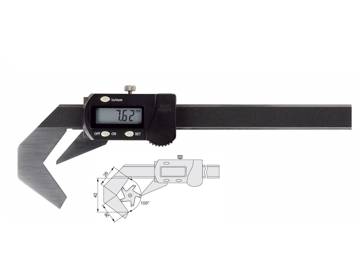 Digitální posuvné měřítko 1-40 mm na měření průměrů 5-ti břitých nástrojů, 108°