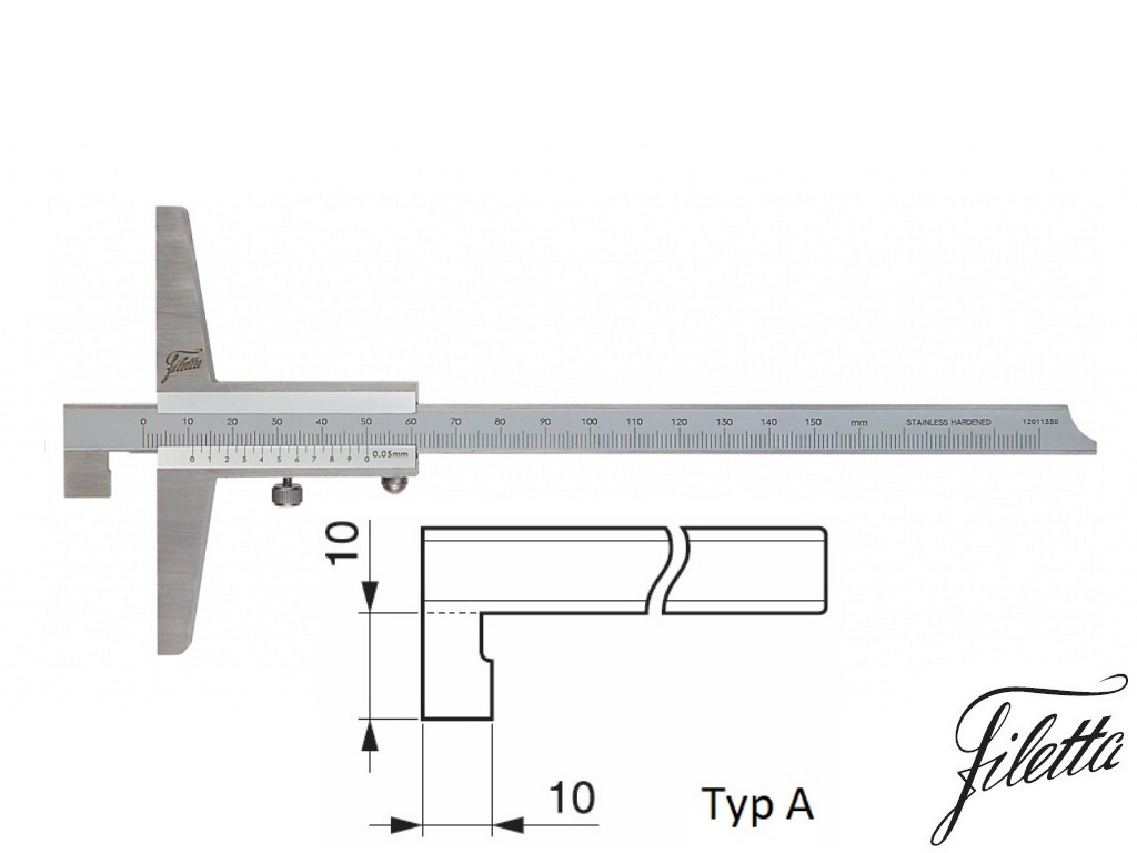 Posuvný hloubkoměr s nosem Filetta 0-300 mm, nonius 0,05 mm, základna 100 mm