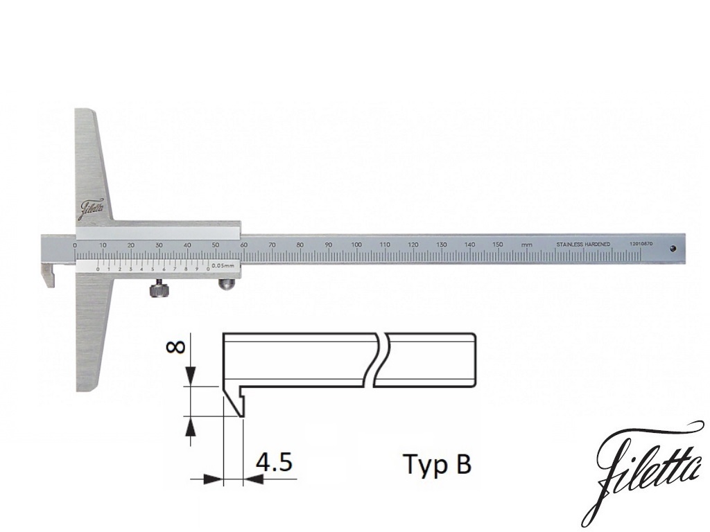 Posuvný hloubkoměr s nosem (8x4,5 mm) Filetta 0-150 mm, nonius 0,05 mm, základna 100 mm