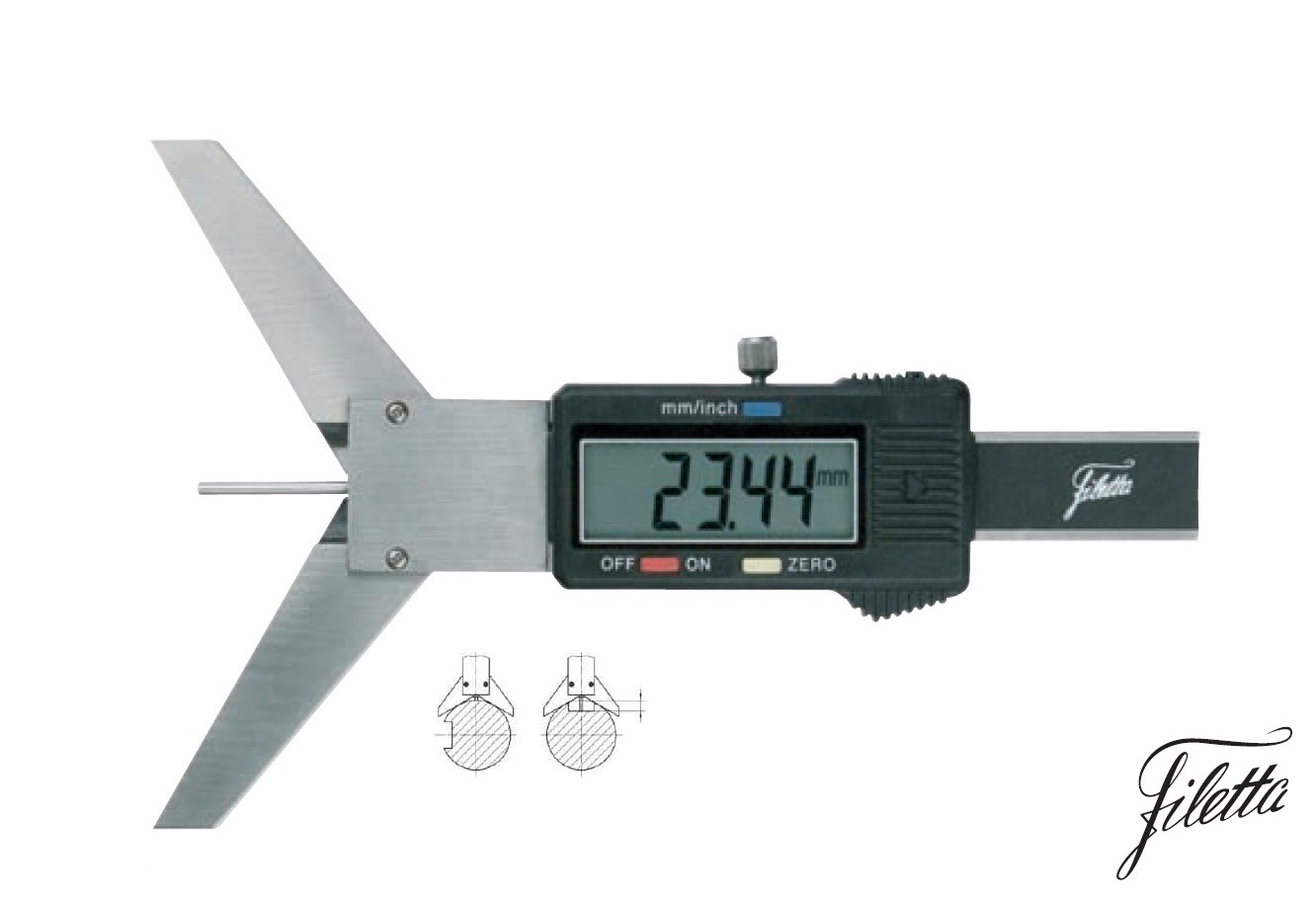 Digitální posuvné měřítko Filetta 0-25 mm na měření hloubky drážek na hřídelích 5-200 mm