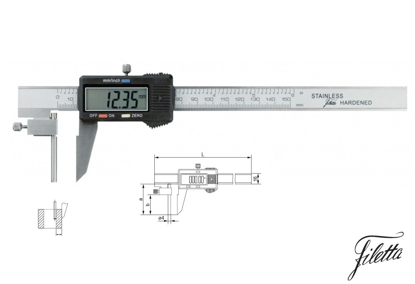 Digitální posuvné měřítko Filetta 0-150 mm na měření tloušťky stěn trubek