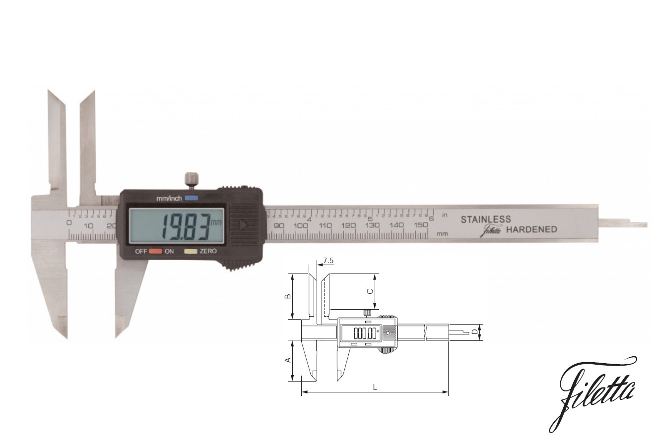 Digitální posuvné měřítko Filetta 0-150 mm s plochým hloubkoměrem a dlouhými nožíky