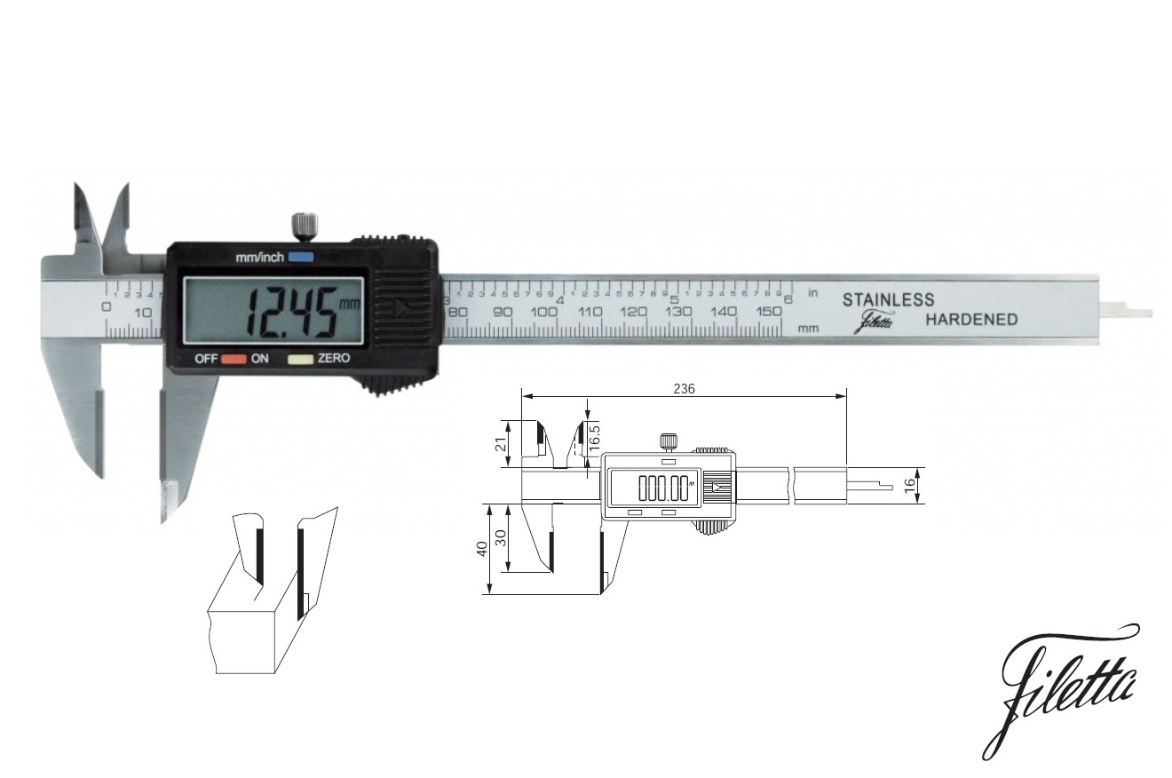 Digitální posuvné měřítko Filetta 0-150 mm na orýsování, měřicí plochy z tvrdokovu