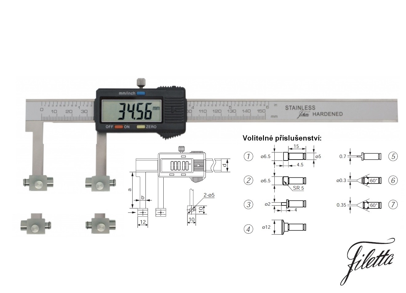 Digitální posuvné měřítko Filetta 0-200 mm s výměnnými měř. doteky