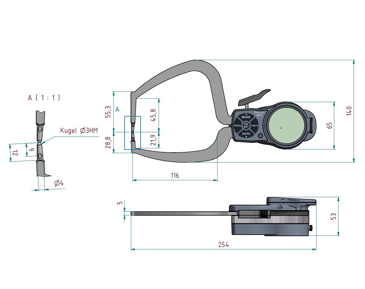 Digitální úchylkoměr s měřicími rameny pro vnější měření 0-30 mm, kuličky průměr 3 mm