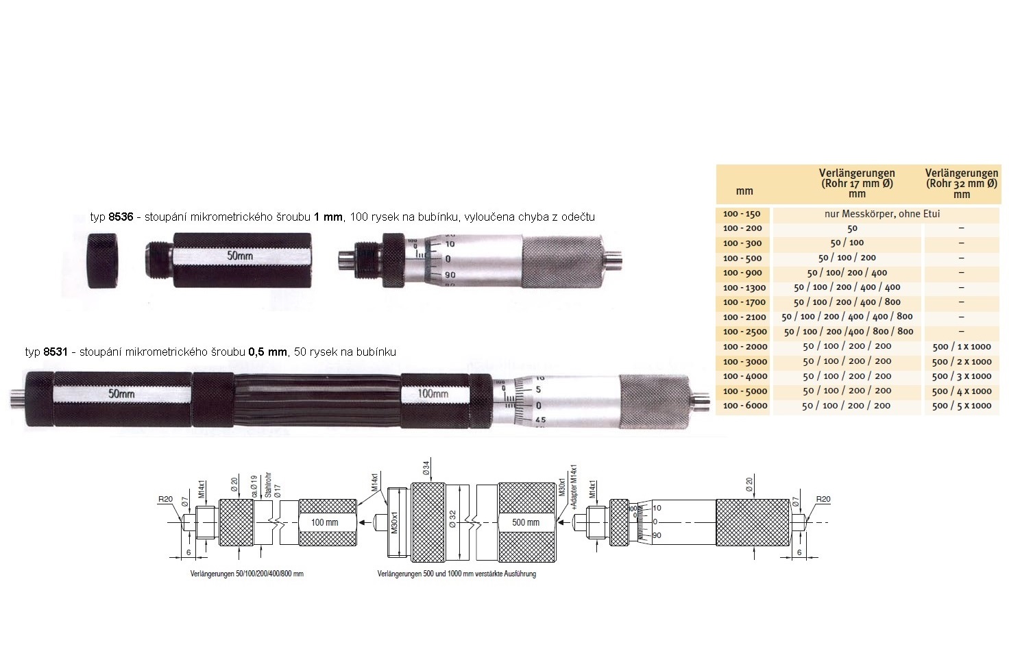 Mikrometrický odpich skládací HARTIG 100-500 mm, stoupání šroubu 1 mm, doteky tvrdokov