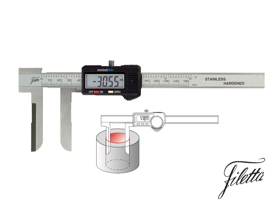 Digitální posuvné měřítko Filetta s dlouhými čelistmi pro vnitřní měření 20 až 300 mm