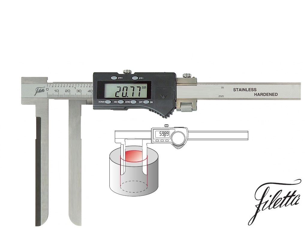 Digitální posuvné měřítko Filetta s dlouhými čelistmi pro vnitřní měření 25 až 300 mm