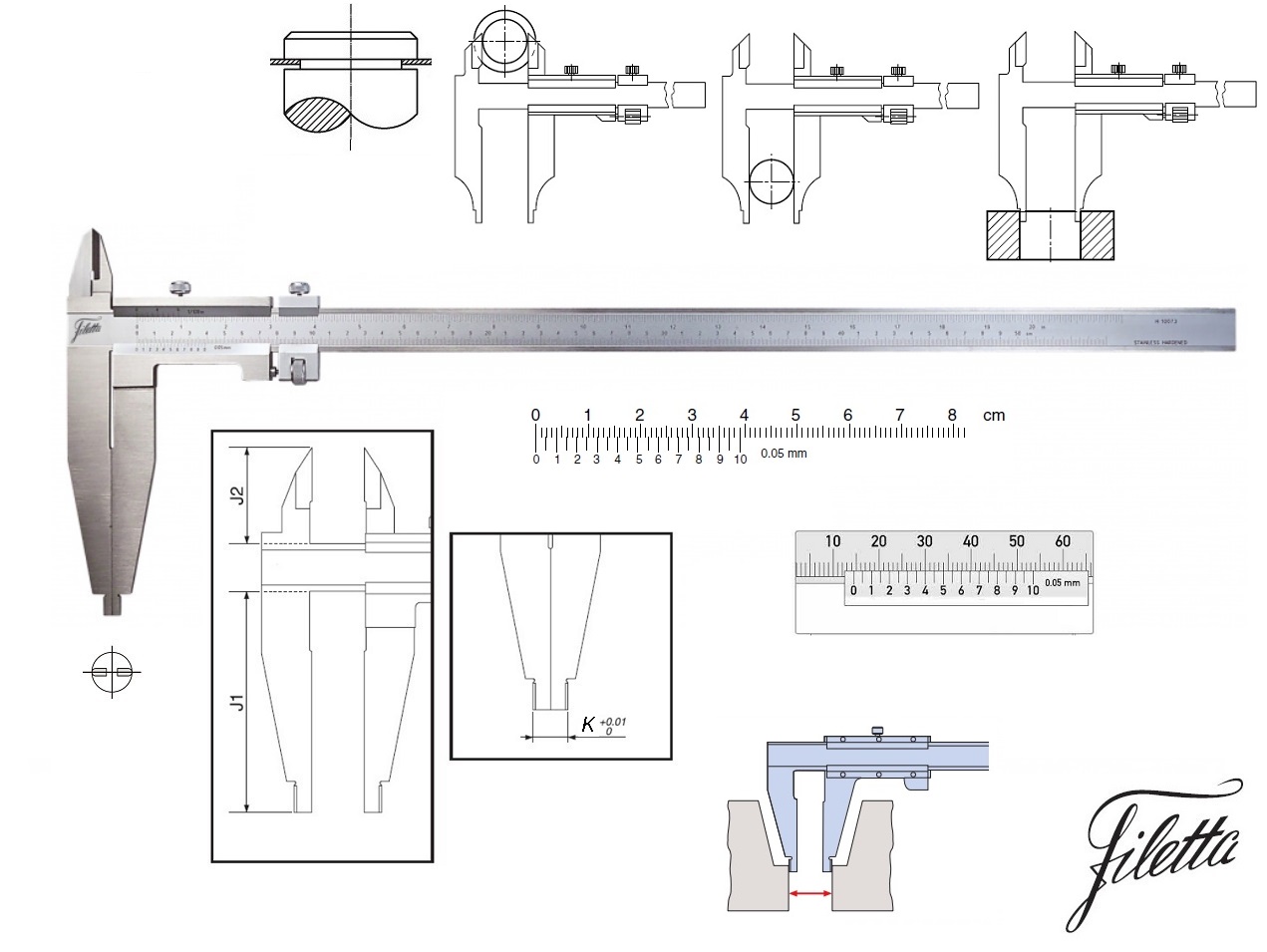 Posuvné měřítko Filetta 0-750 mm, čelisti 150 mm, s měřicími nožíky pro vnější měření