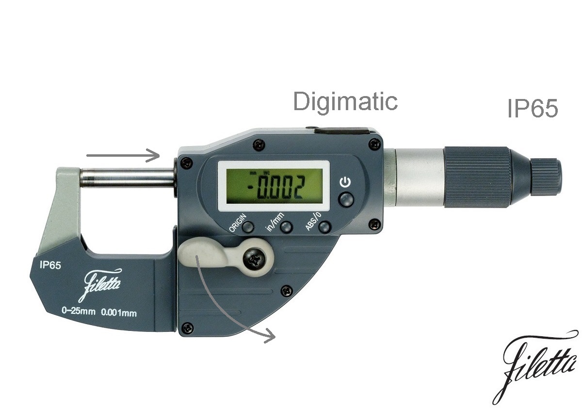 Digitální třmenový mikrometr Filetta 0-25 mm s rychloposuvem, IP 65
