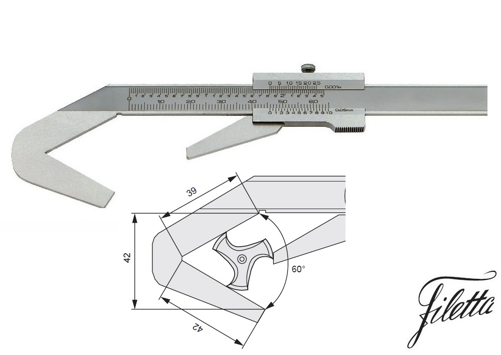 Posuvné měřítko Filetta 4-40 mm na měření průměrů 3-břitých nástrojů, 60°