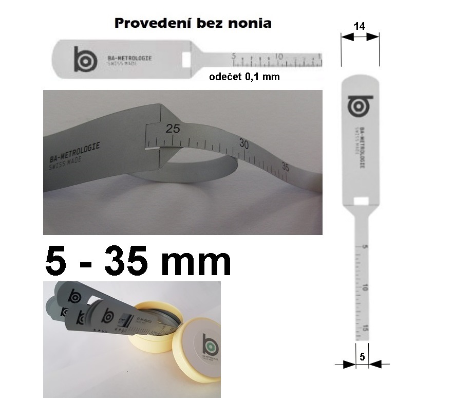 Měřicí pásek pro měření vnějšího průměru 5-35 mm, odečet 0,1 mm, provedení bez nonia
