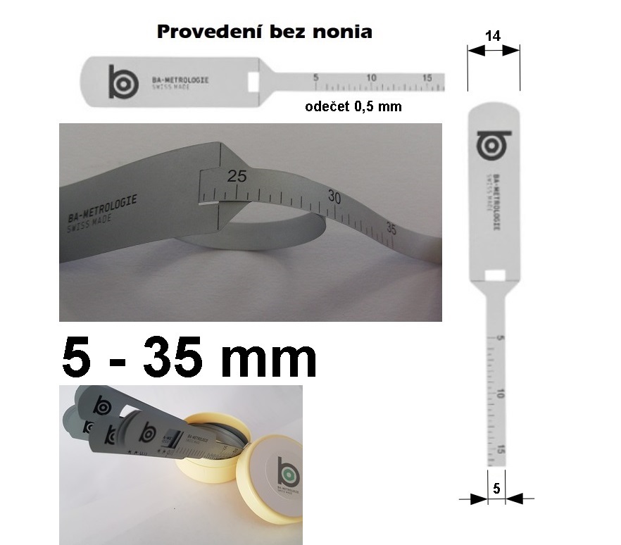 Měřicí pásek pro měření vnějšího průměru 5-35 mm, odečet 0,5 mm, provedení bez nonia